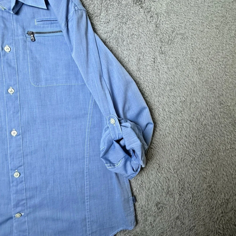 John Varvatos Womens Medium Blue Cotton Minimalist Chic Shirt Roll Tab Sleeves - Picture 12 of 13